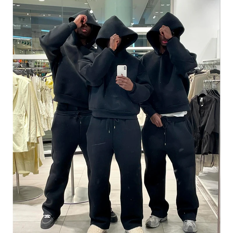 Y2k American Winter Oversized Hoodies Sweatpants Suits Men's Vintage Hip Hop Casual Elasticity Pullover Fashion Punk 2 Piece Set - Image 4